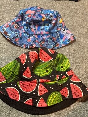 Kids Blue Cartoon Bucket Hat & Black Watermelon Bucket Hat - Pack of 2